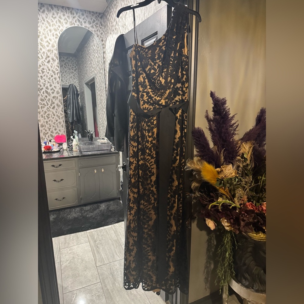 black lace with cream dress one shoulder